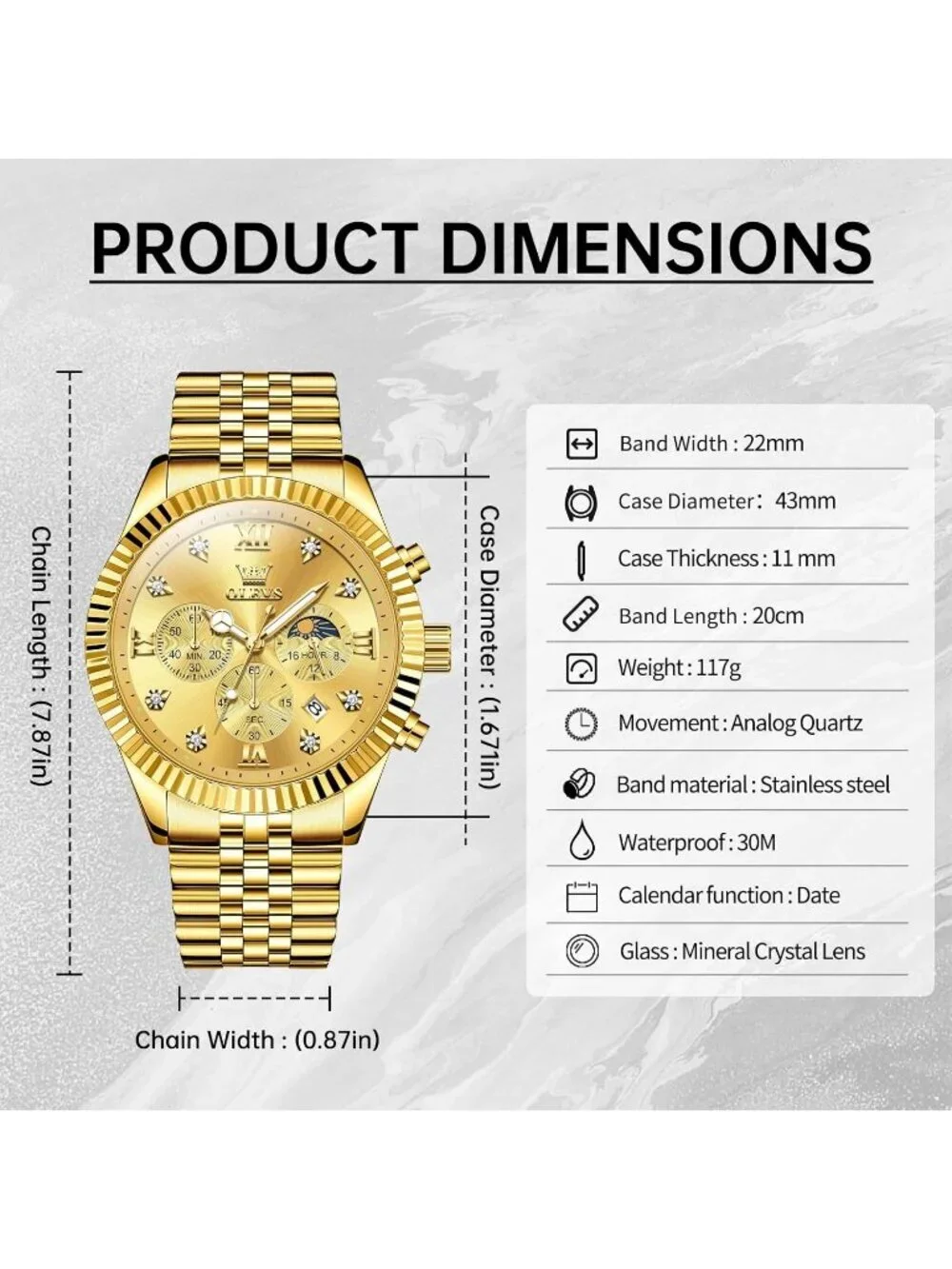 Men's Gold Stainless Steel Band Waterproof Roman Numbers Diamond Classic Watch